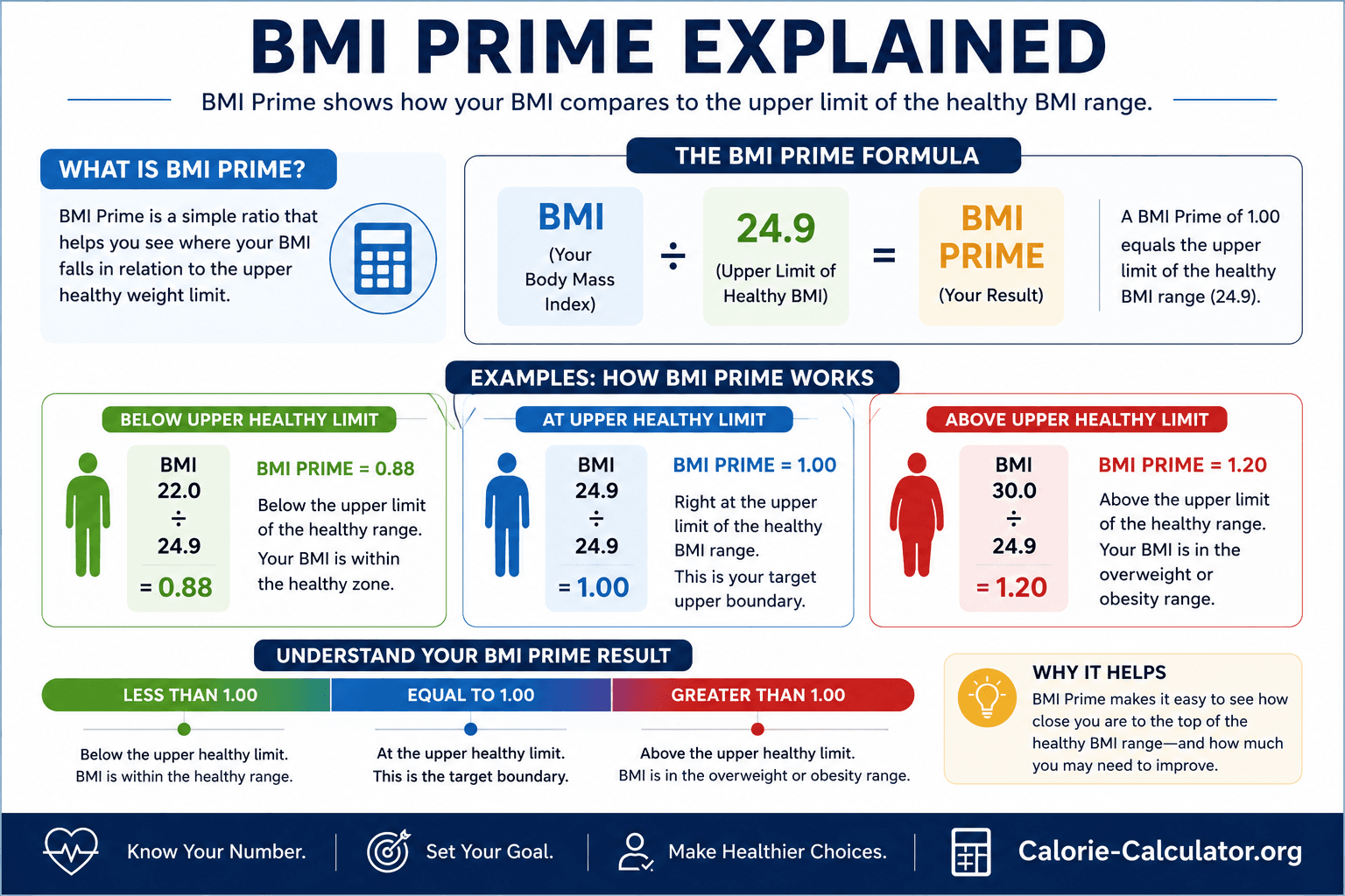BMI Prime calculation showing BMI divided by 24.9 and how BMI Prime values relate to the healthy BMI upper limit