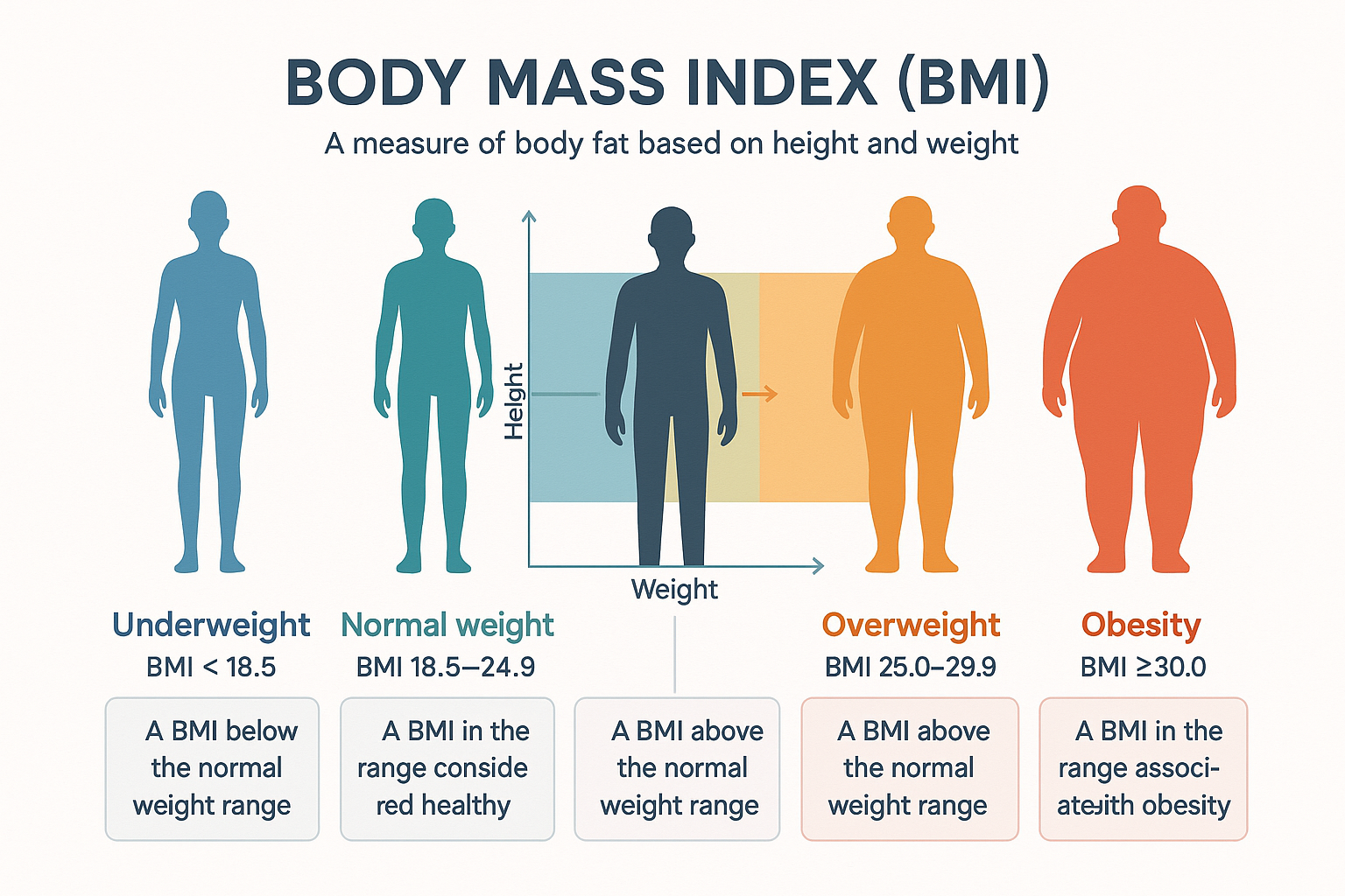 Infographic illustrating Body Mass Index (BMI) with diverse human silhouettes showing underweight, normal weight, overweight, and obesity categories. Silhouettes are color-coded with BMI ranges and definitions, centered around a chart correlating height and weight with BMI levels.