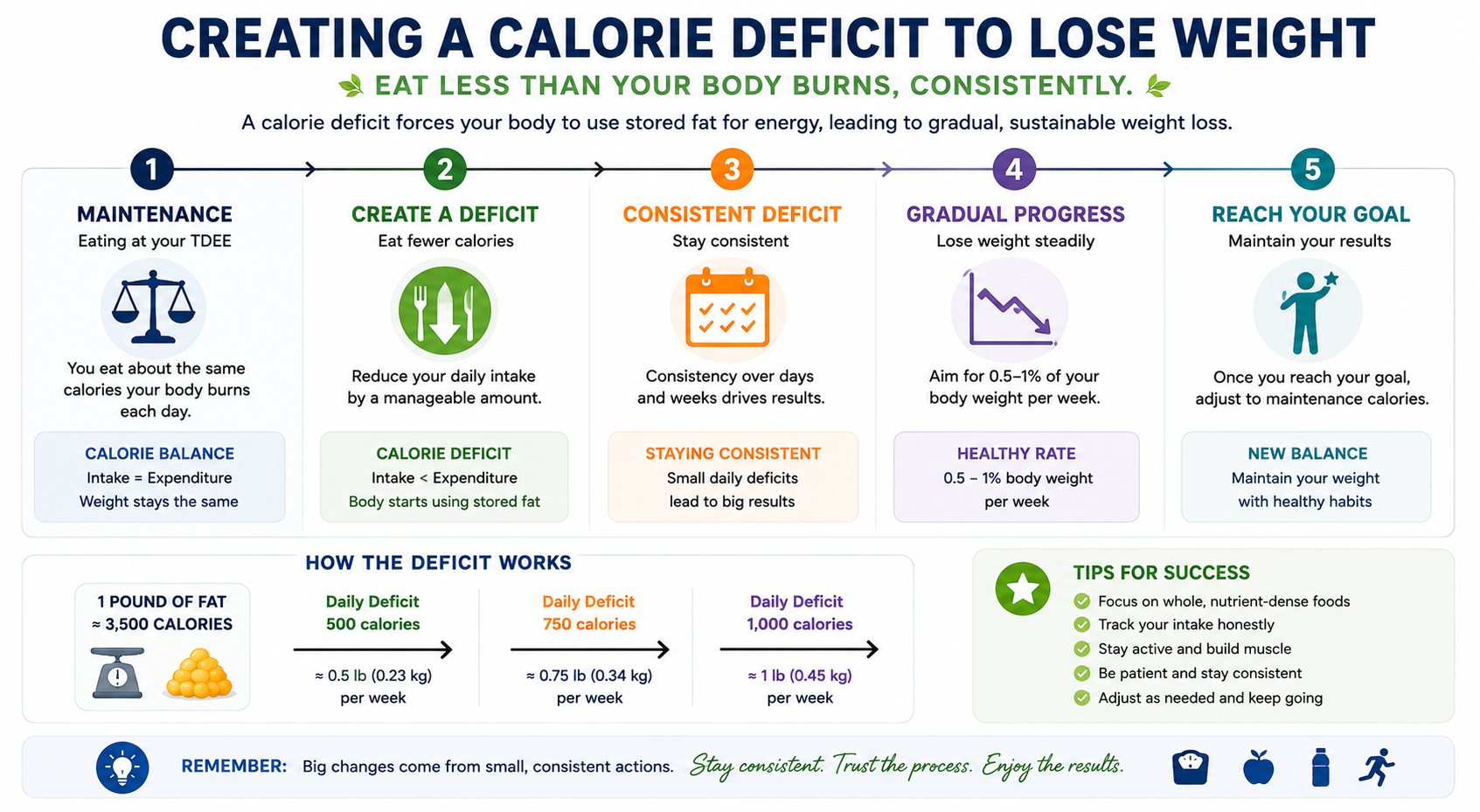 Calorie deficit timeline showing maintenance calories, daily calorie deficit, and estimated weight loss progress.