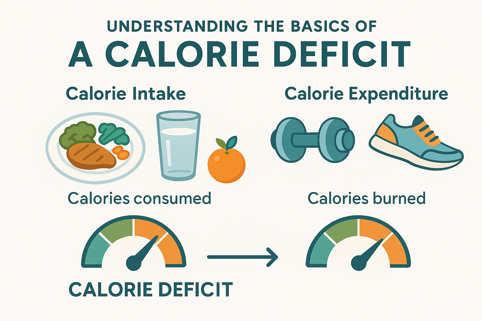 Infographic illustrating calorie deficit concepts with sections on calorie intake and expenditure. Includes icons of a dinner plate, water, fruit, dumbbell, and running shoes. Features colorful gauges for calories consumed vs burned, using soothing colors and clean text for clarity.