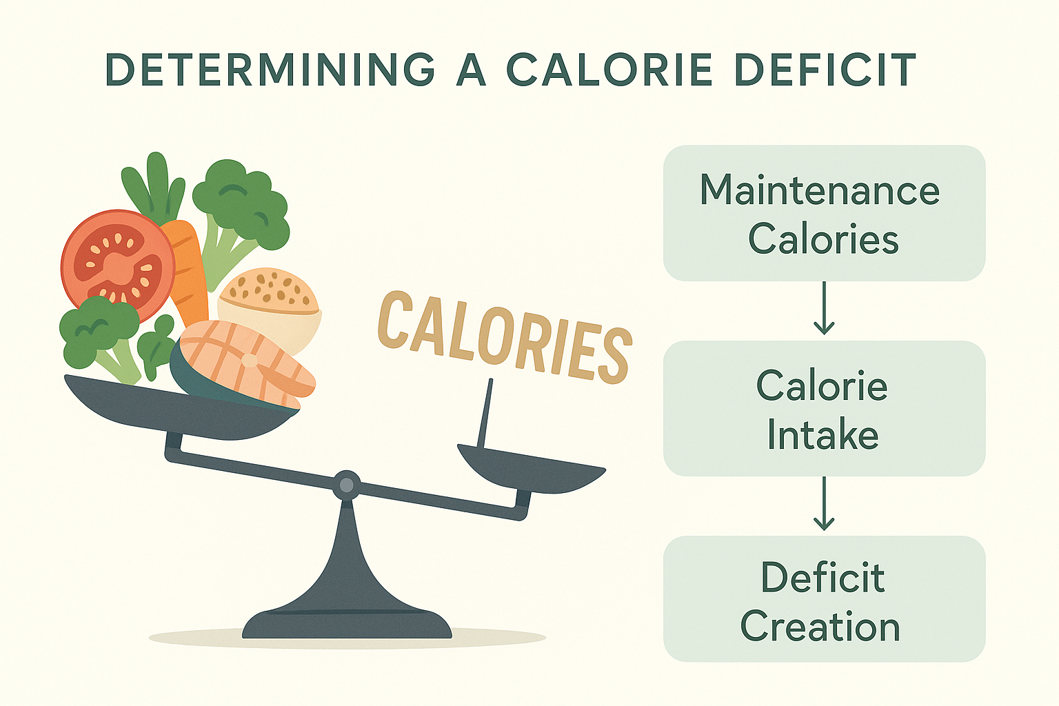 Infographic illustrating calorie deficit for weight loss with a tipped balance scale. Healthy foods and 'calories' are shown, highlighting 'Maintenance Calories', 'Calorie Intake', and 'Deficit Creation'. Soft colors and vector art ensure clarity.