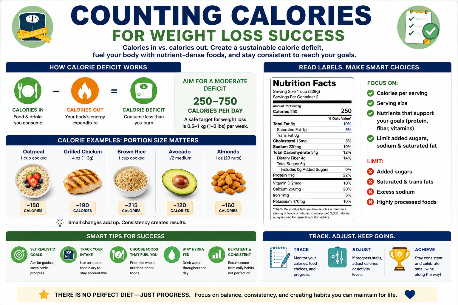 Calories in versus calories out for weight loss infographic with food calorie examples, nutrition facts label, and healthy choice tips..