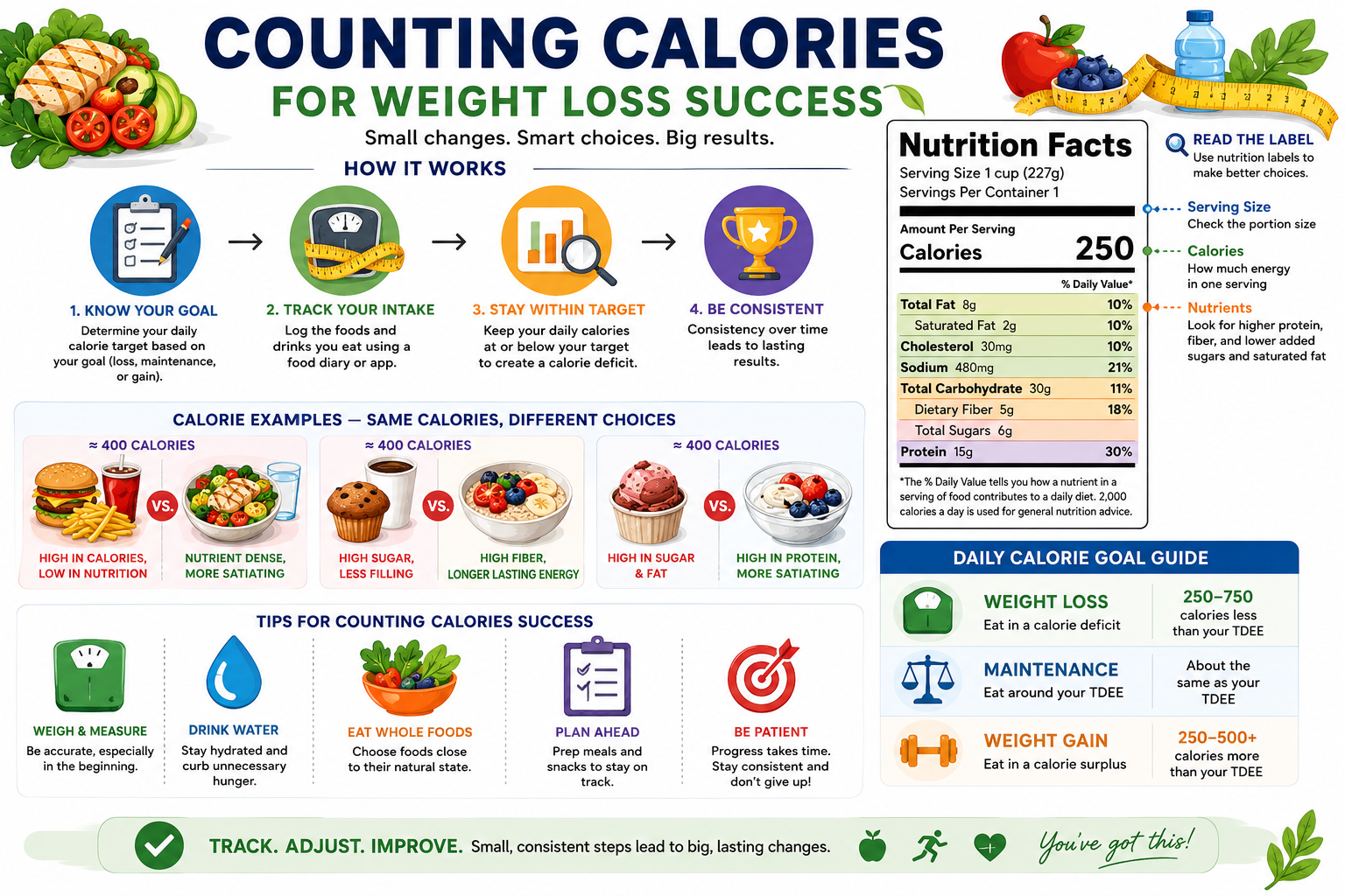Counting calories for weight loss infographic with food calorie examples, nutrition facts label, and healthy choice tips.