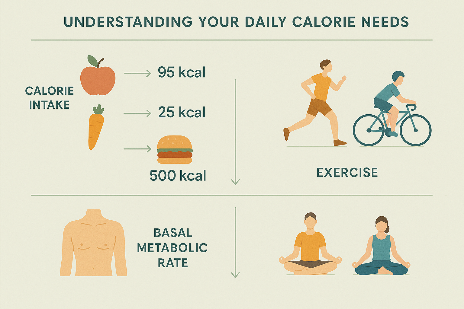 Infographic illustrating daily calorie needs with vector icons of food items and activities, showing the relationship between metabolism, exercise, and caloric intake. Features a soothing green, orange, and blue palette, with clear sections and labels for easy understanding of calorie balance concepts.