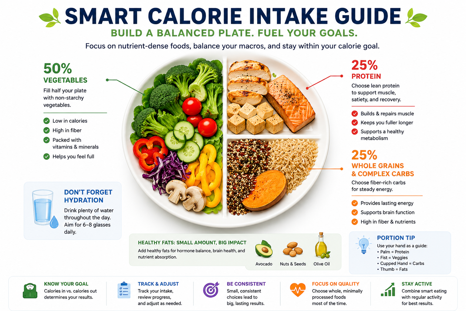 Healthy plate illustration showing protein, vegetables, whole grains, fruit, water, and balanced calorie intake.